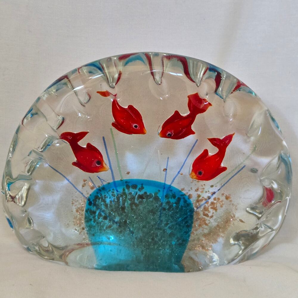 Vintage Murano Glass Aquarium Paperweight Clamshell 4 Fish Art Red Blue Gold
